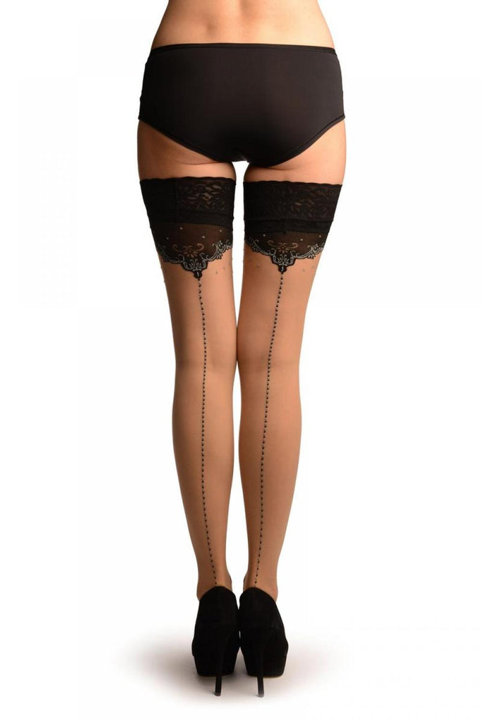 Liss Kiss Beige With Blue & Black Dotted Seam And Top With Silicon Garter - Hold Ups