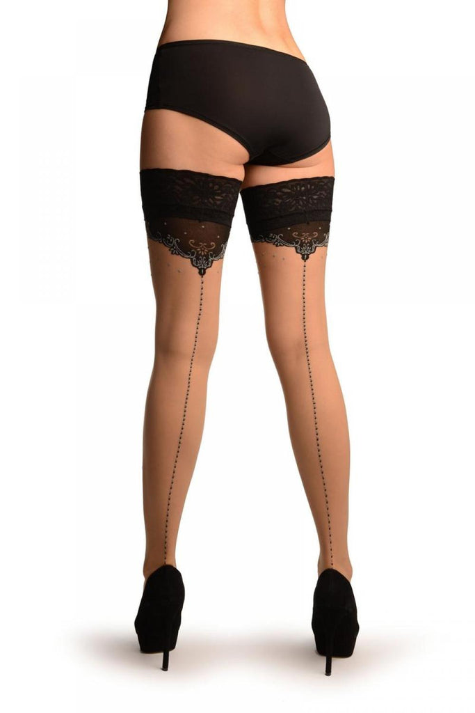 liss kiss Beige With Blue & Black Dotted Seam And Top With Silicon Garter - Hold Ups