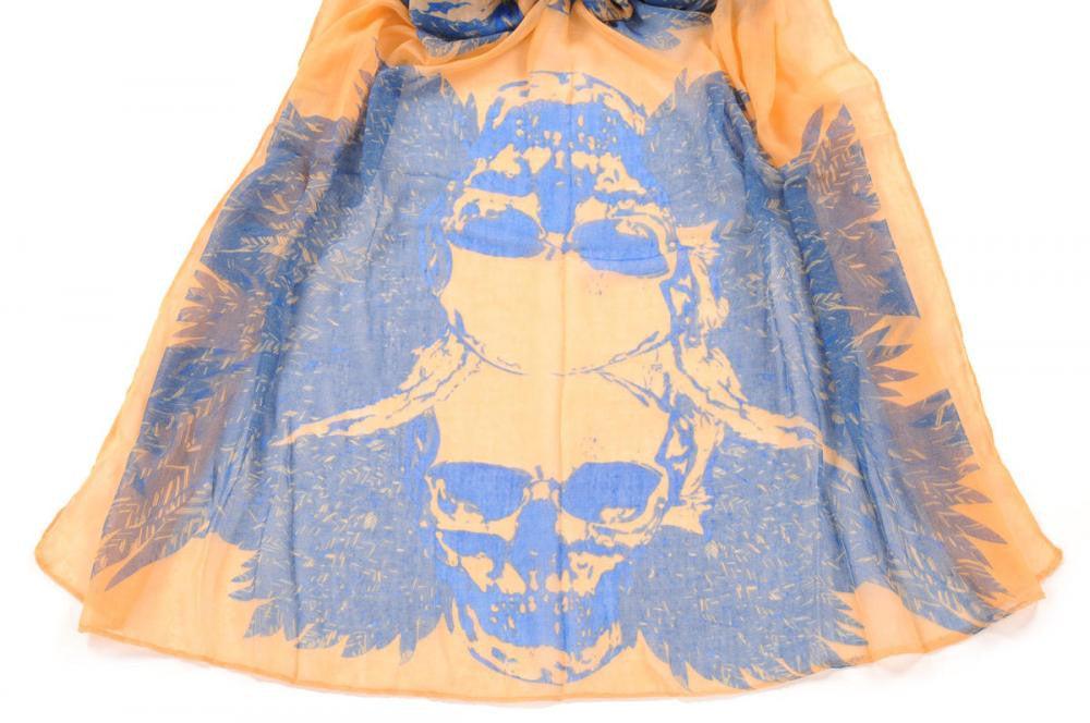 Liss Kiss Beige With Blue Skull & Raven Wings Unisex Scarf & Beach Sarong - Scarf