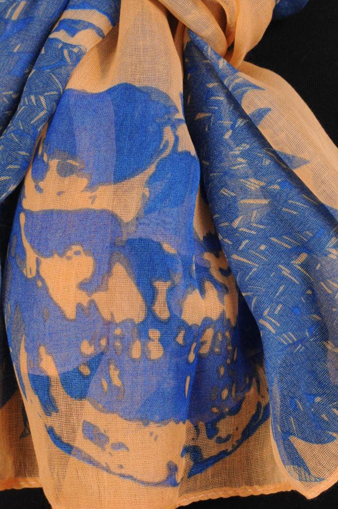 Liss Kiss Beige With Blue Skull & Raven Wings Unisex Scarf & Beach Sarong - Scarf