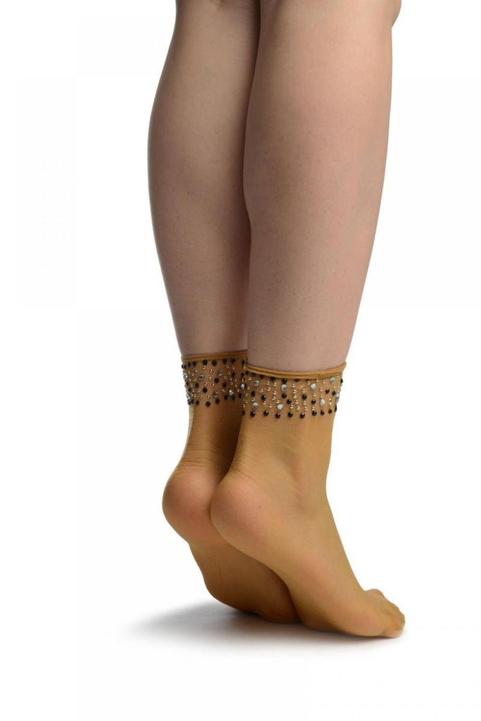 Liss Kiss Beige With Crystals Ankle High Socks - Socks