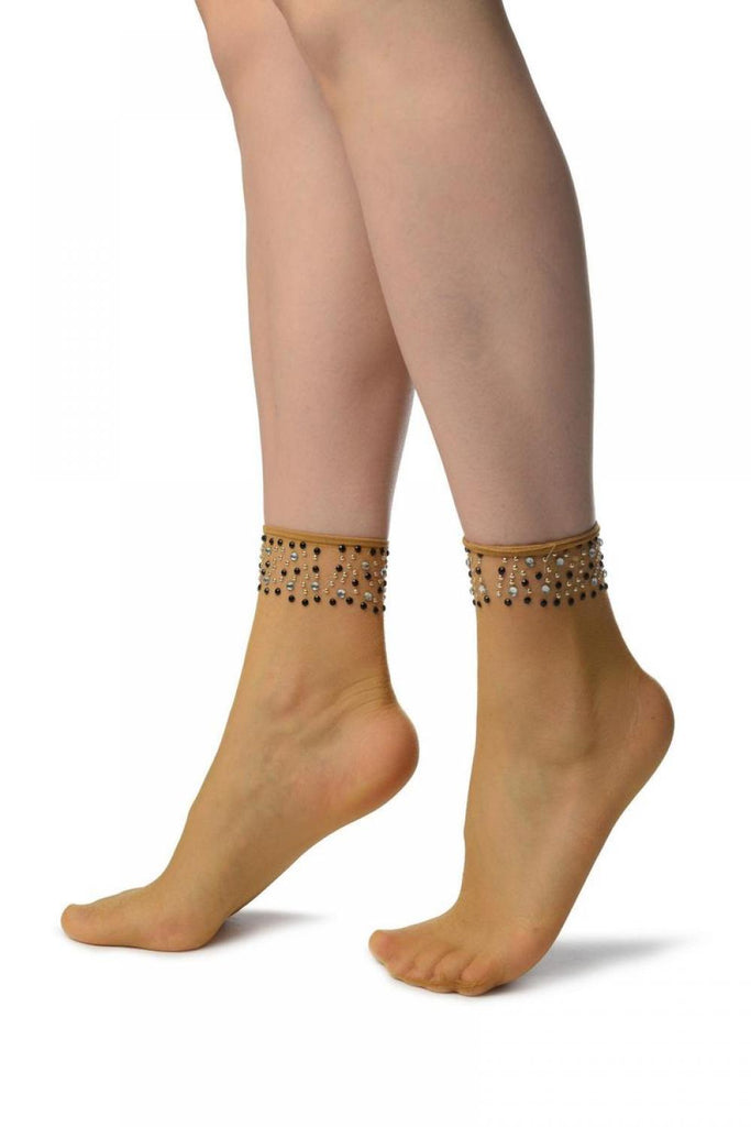 Liss Kiss Beige With Crystals Ankle High Socks - Socks