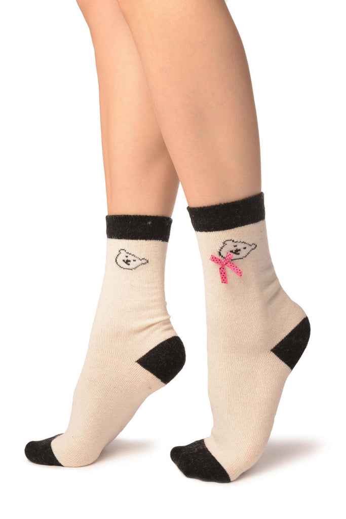 Liss Kiss Beige With Cute Bear & Satin Bow Angora Ankle High Socks - Socks