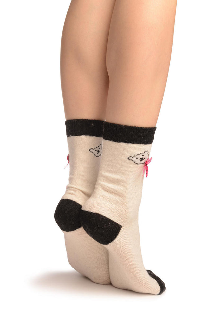 Liss Kiss Beige With Cute Bear & Satin Bow Angora Ankle High Socks - Socks
