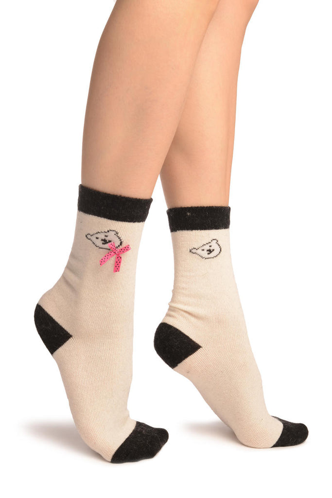 liss kiss Beige With Cute Bear & Satin Bow Angora Ankle High Socks - Socks