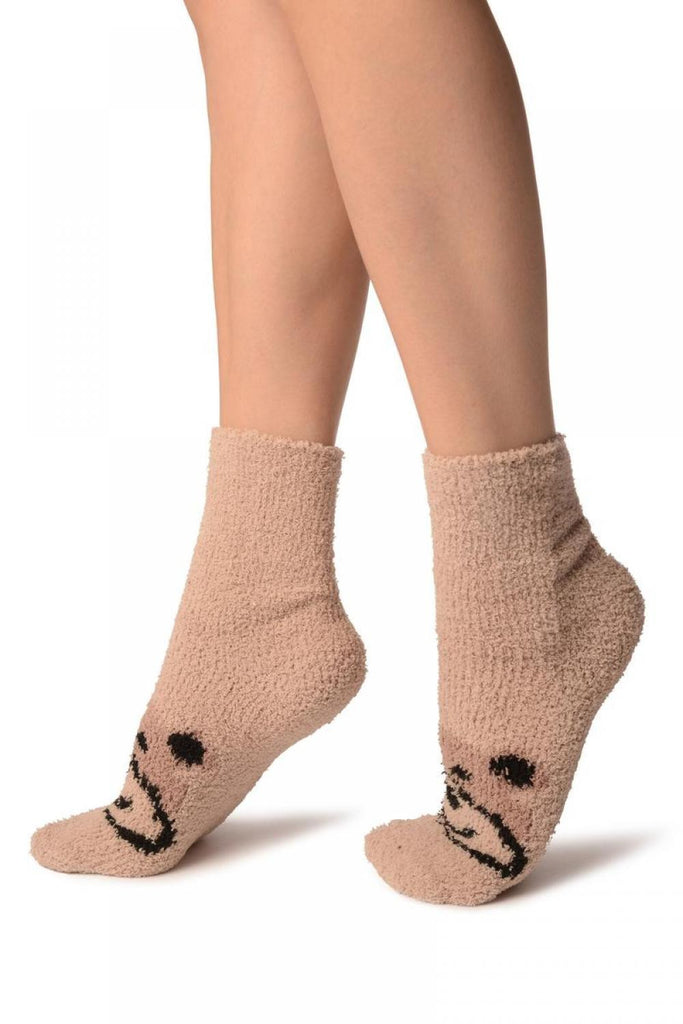 Liss Kiss Beige With Cute Bear Terry Ankle High Socks - Socks