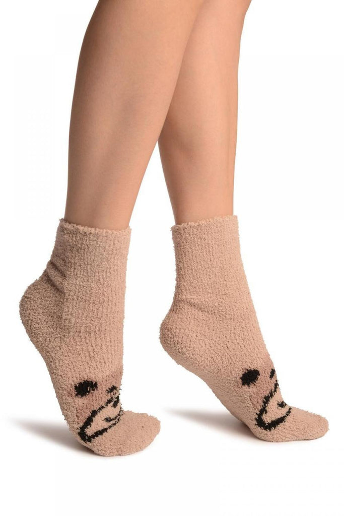 Liss Kiss Beige With Cute Bear Terry Ankle High Socks - Socks