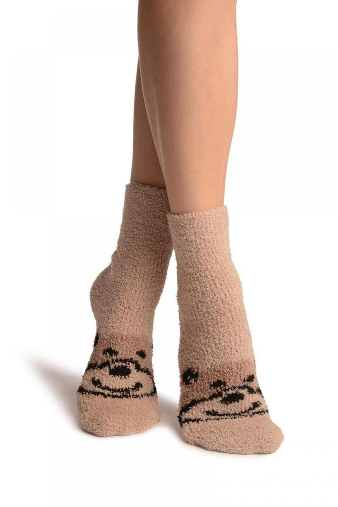 liss kiss Beige With Cute Bear Terry Ankle High Socks - Socks