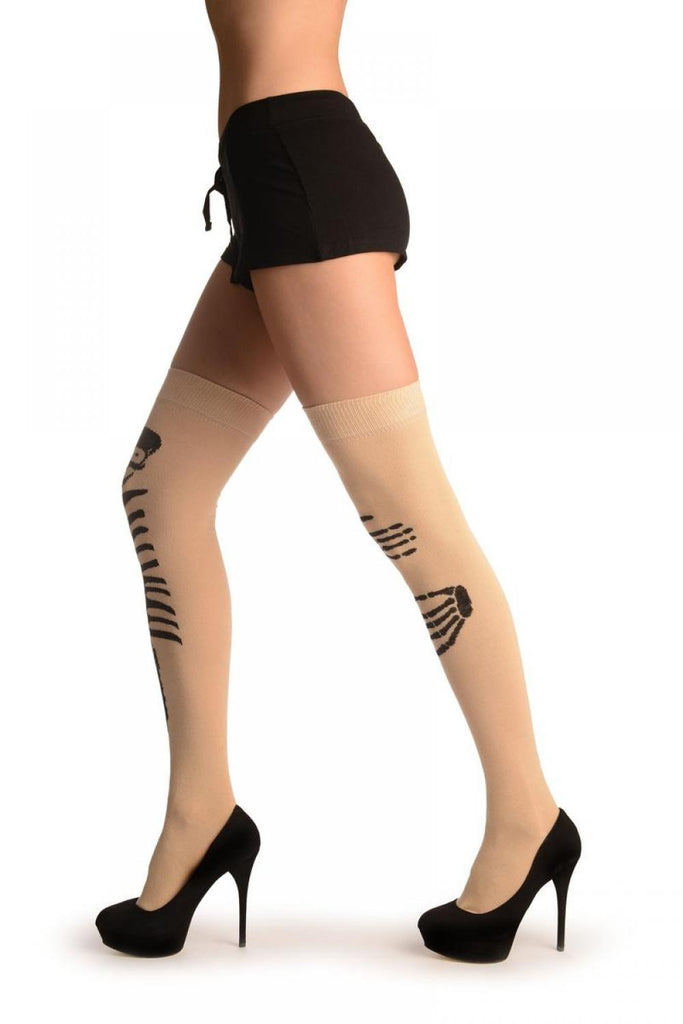 Liss Kiss Beige With Cute Hugging Skeleton (Halloween) - Over The Knee Socks