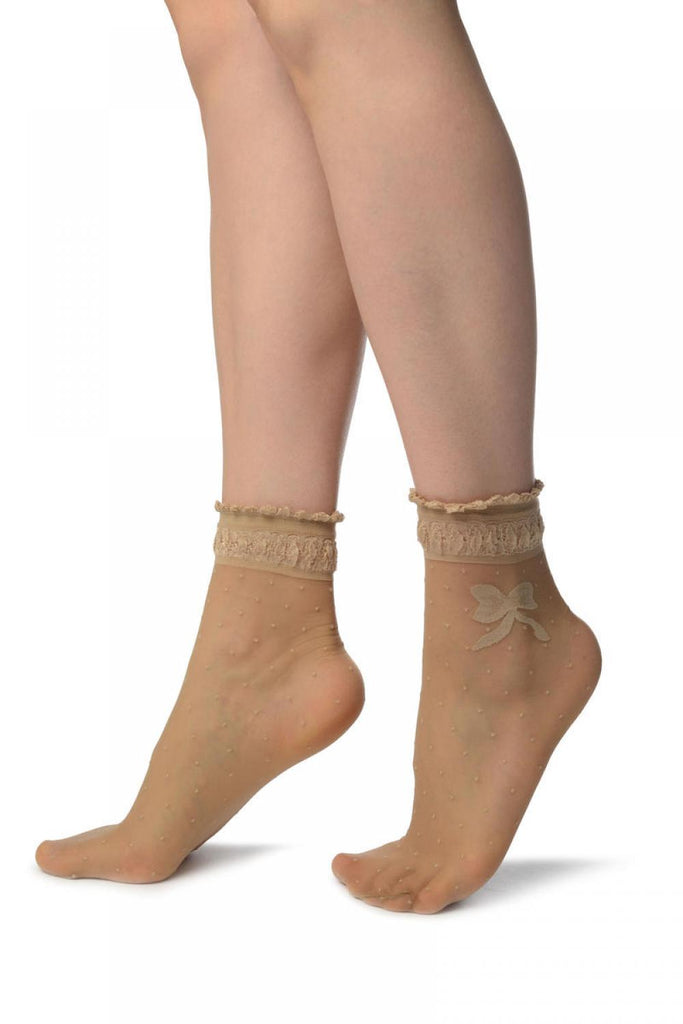 Liss Kiss Beige With Dots & Bow Comfort Top Ankle High Socks - Socks