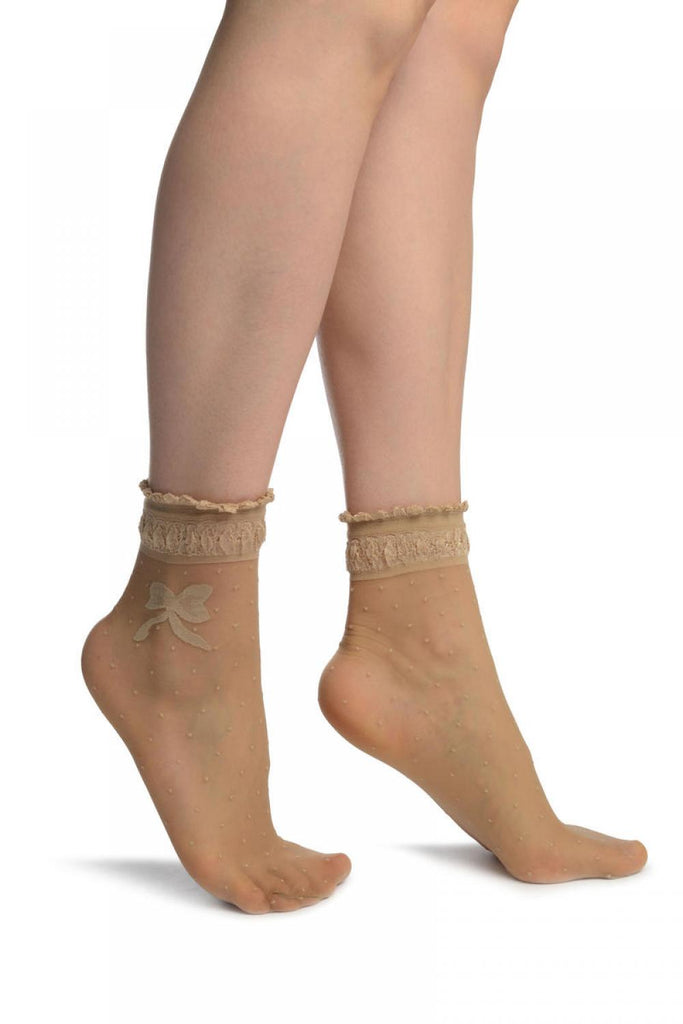liss kiss Beige With Dots & Bow Comfort Top Ankle High Socks - Socks