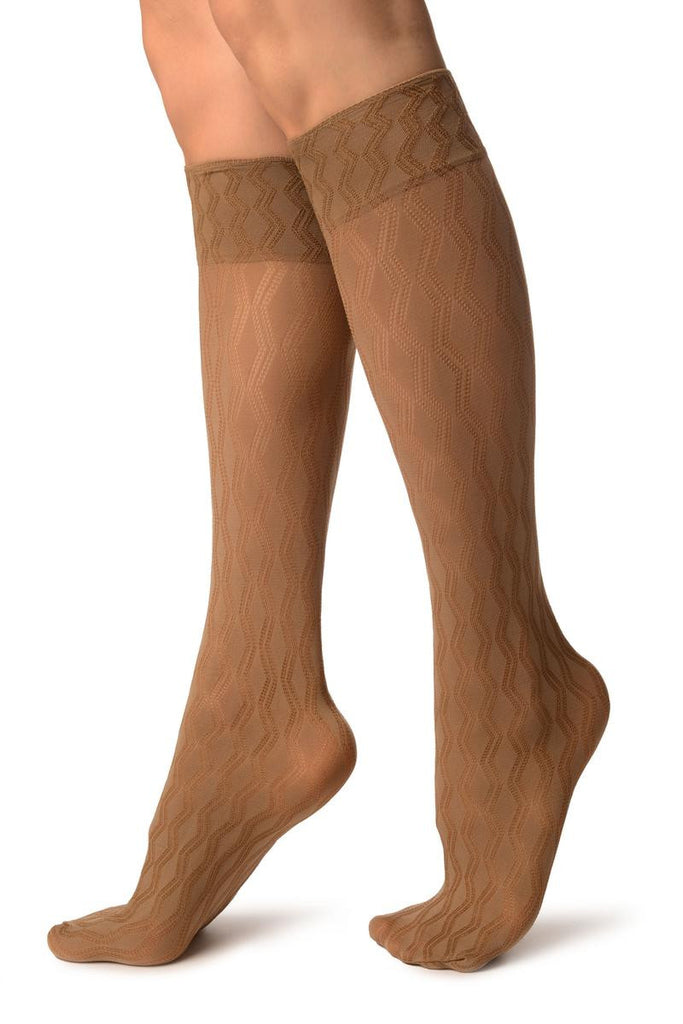 Liss Kiss Beige With Double Rhomb Socks Knee High - Socks