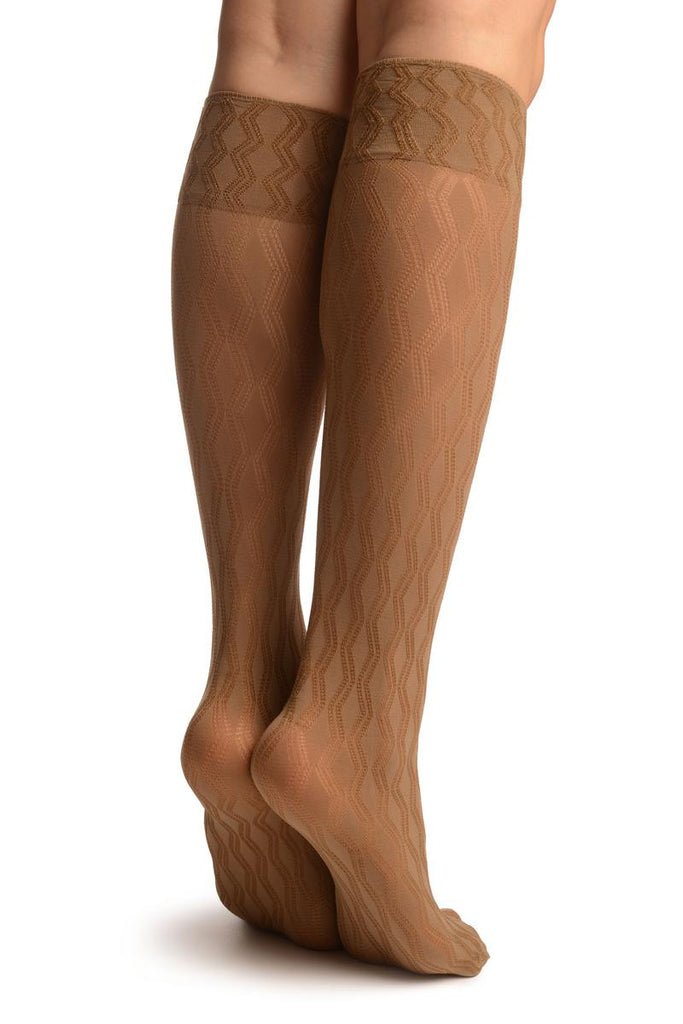 Liss Kiss Beige With Double Rhomb Socks Knee High - Socks
