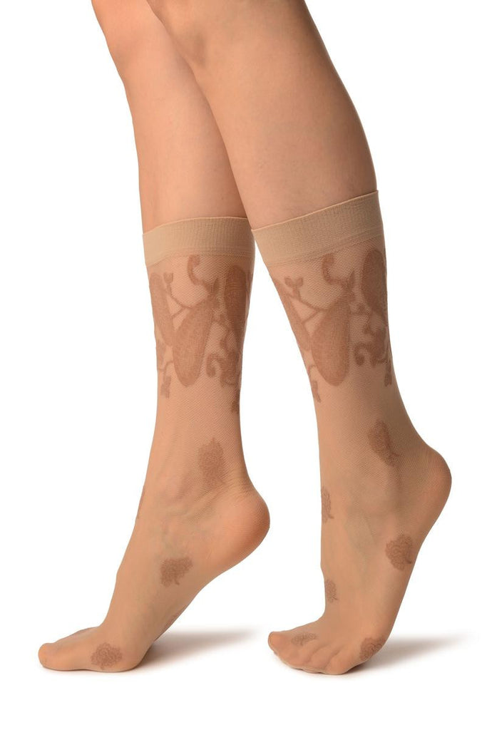 Liss Kiss Beige With Large Paisley & Clover Socks Knee High - Socks