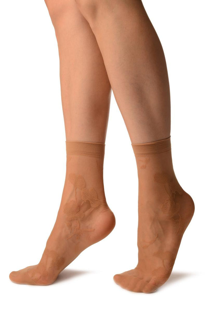Liss Kiss Beige With Large Poppy Flowers Ankle High Socks - Socks