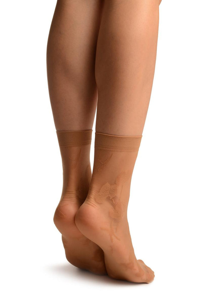 Liss Kiss Beige With Large Poppy Flowers Ankle High Socks - Socks
