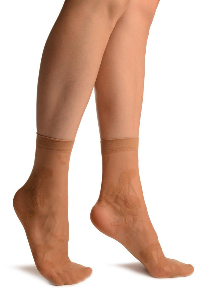 liss kiss Beige With Large Poppy Flowers Ankle High Socks - Socks