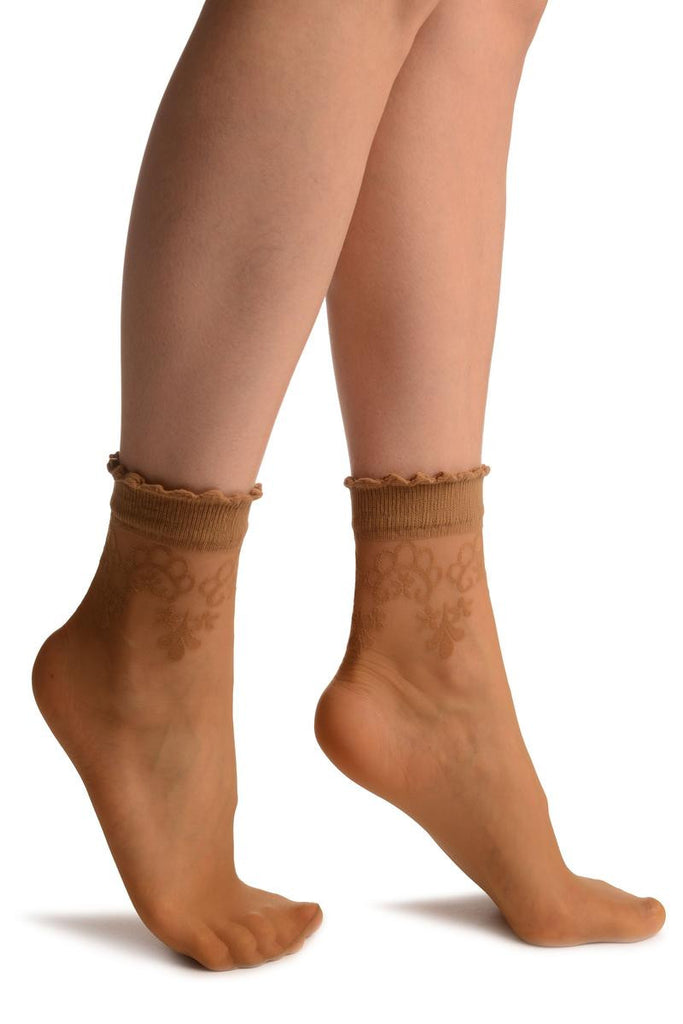 liss kiss Beige With Large Woven Flowers Top Ankle High Socks - Socks