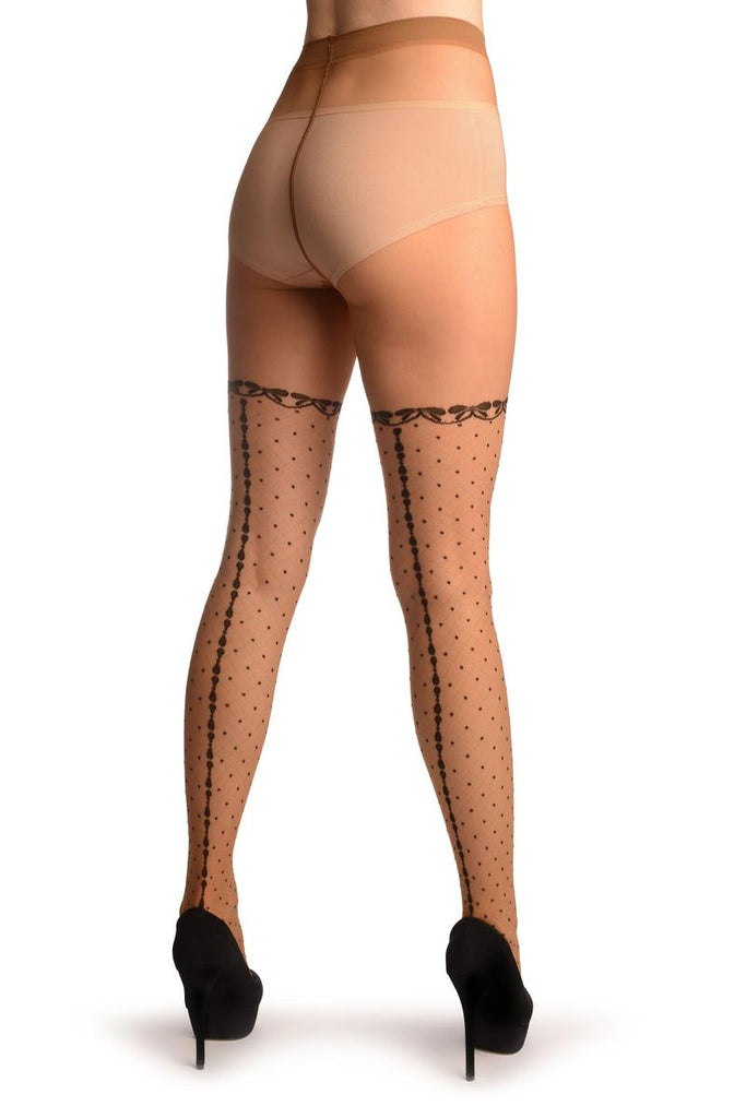 Liss Kiss Beige With Large Woven Mesh & Seam Faux Stockings - Tights