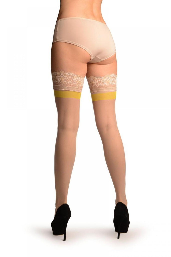 Liss Kiss Beige With Lemon Stripe & Floral Silicon Garter - Hold Ups