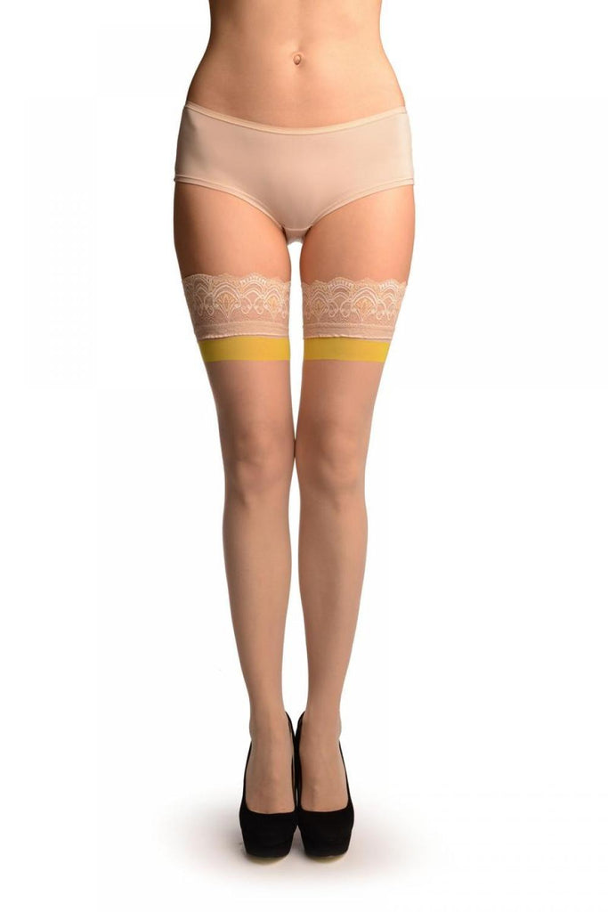liss kiss Beige With Lemon Stripe & Floral Silicon Garter - Hold Ups