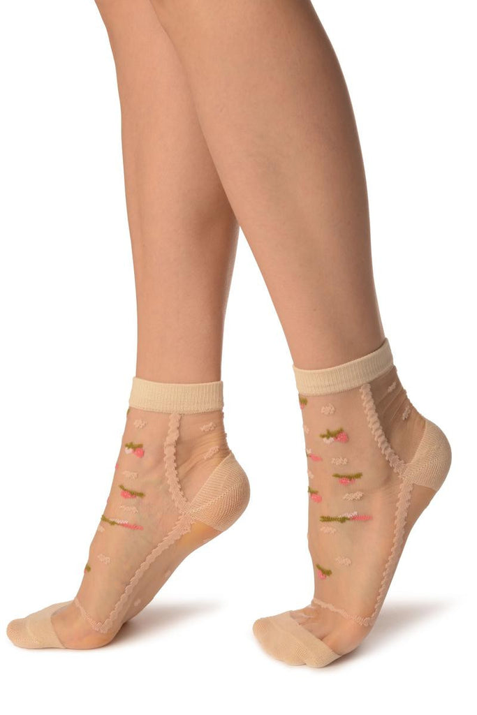 Liss Kiss Beige With Little Woven Flowers On Invisible Mesh Ankle High Socks - Socks