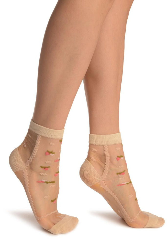 Liss Kiss Beige With Little Woven Flowers On Invisible Mesh Ankle High Socks - Socks