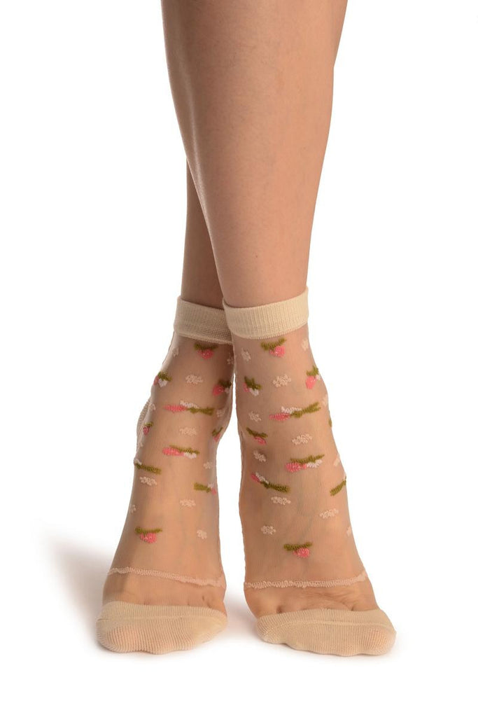 Liss Kiss Beige With Little Woven Flowers On Invisible Mesh Ankle High Socks - Socks