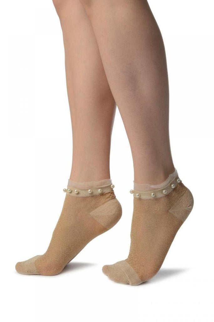Liss Kiss Beige With Lurex Pearls & Frills Top Footsies Socks - Footsies Socks