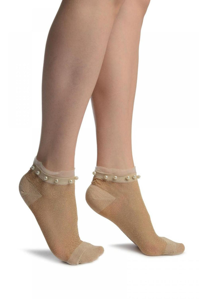 liss kiss Beige With Lurex Pearls & Frills Top Footsies Socks - Footsies Socks