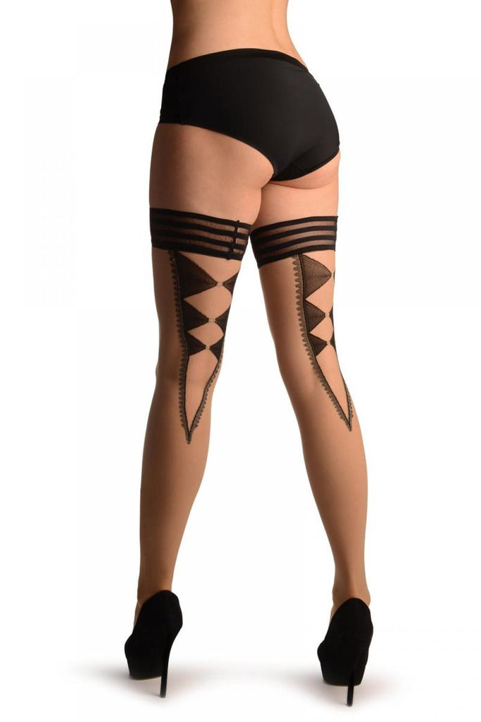 Liss Kiss Beige With Lurex V Cut Diamonds & Silicone Top - Hold Ups