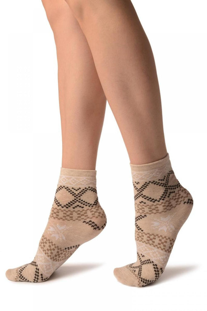 Liss Kiss Beige With Nordic Pattern Ankle High Socks - Socks