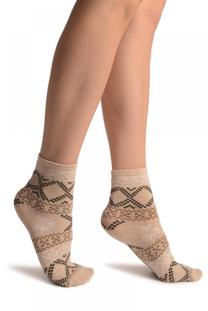 Liss Kiss Beige With Nordic Pattern Ankle High Socks - Socks