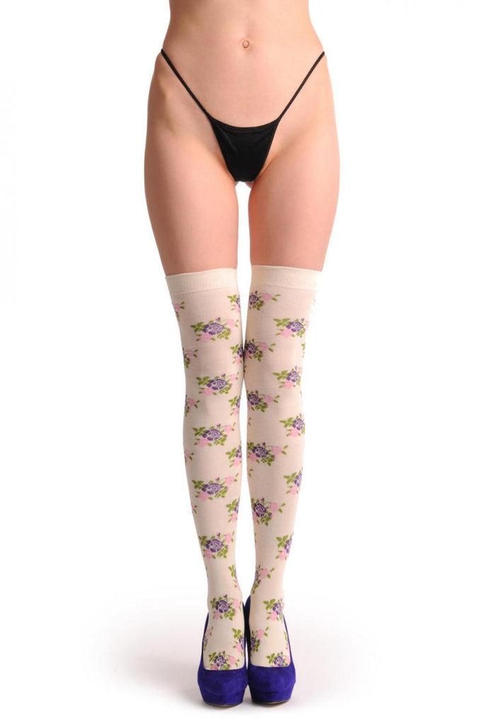 Liss Kiss Beige With Pink & Purple Flowers - Over The Knee Socks