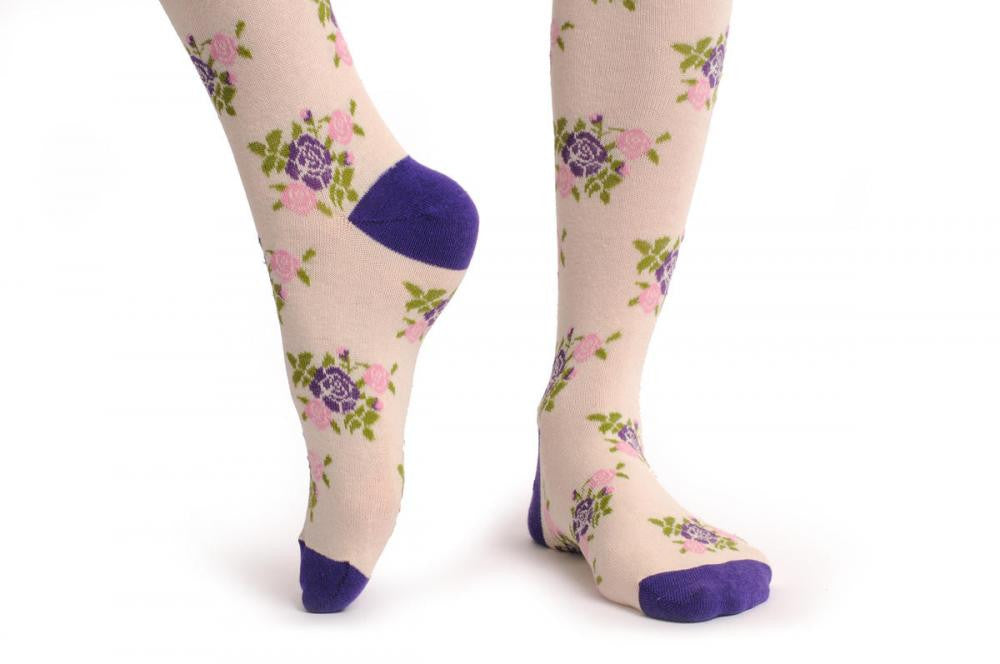 Liss Kiss Beige With Pink & Purple Flowers - Over The Knee Socks