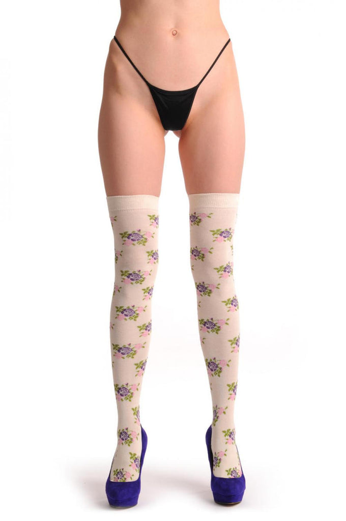 Liss Kiss Beige With Pink & Purple Flowers - Over The Knee Socks