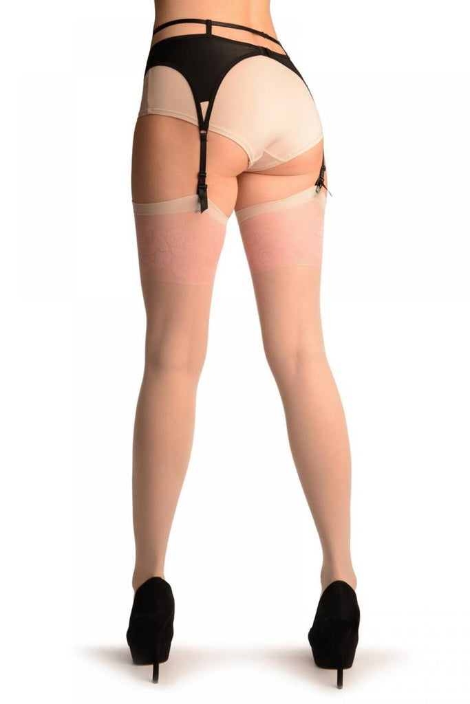Liss Kiss Beige With Pink Roses On Mesh Stockings - Stockings