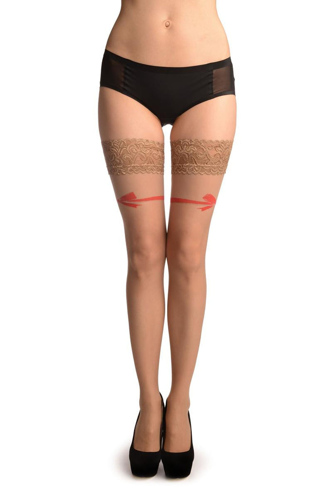 Liss Kiss Beige With Red Bow And Fine Lace Silicon Garter - Hold Ups