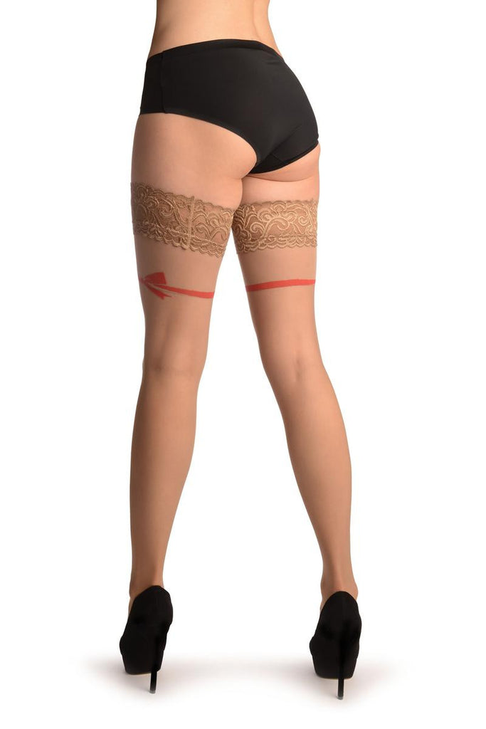 Liss Kiss Beige With Red Bow And Fine Lace Silicon Garter - Hold Ups
