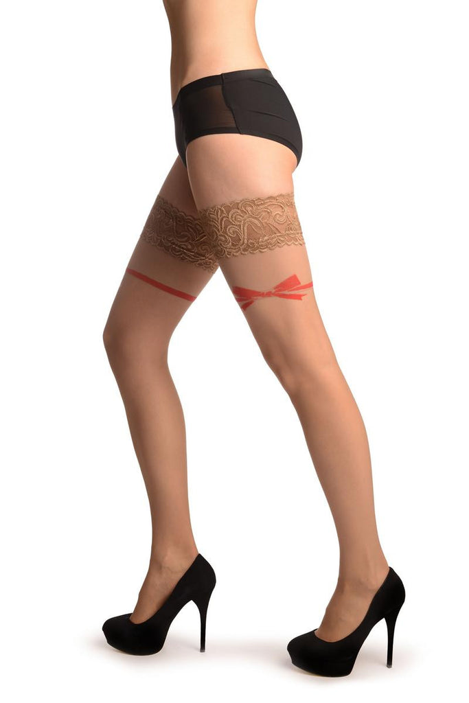 liss kiss Beige With Red Bow And Fine Lace Silicon Garter - Hold Ups