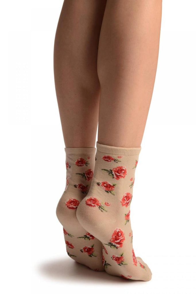 Liss Kiss Beige With Red Woven Roses Ankle High Socks - Socks