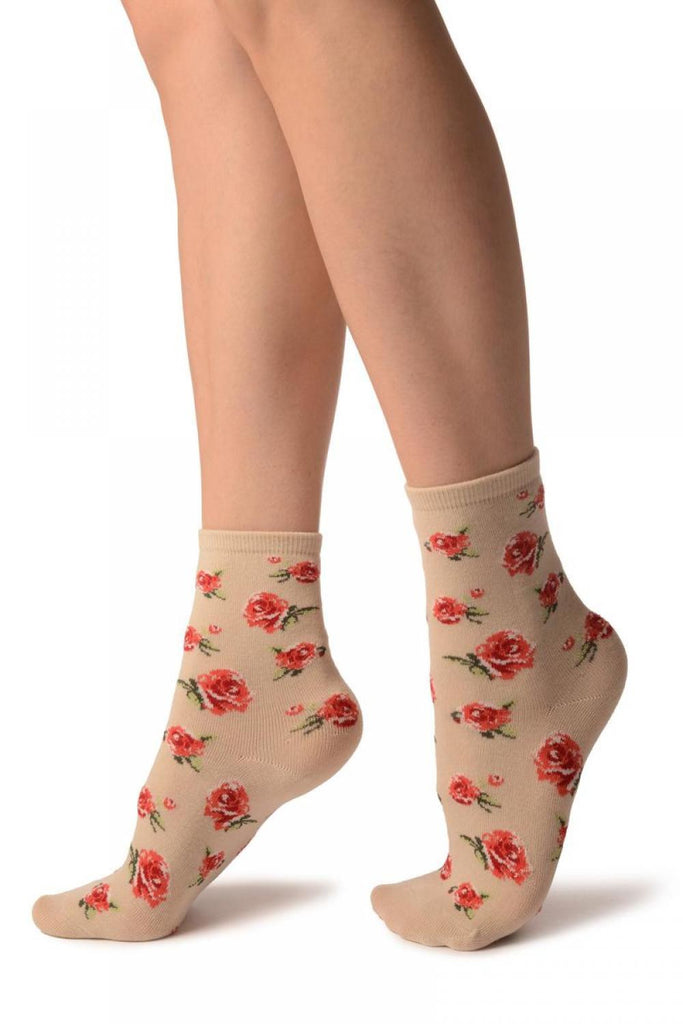 Liss Kiss Beige With Red Woven Roses Ankle High Socks - Socks