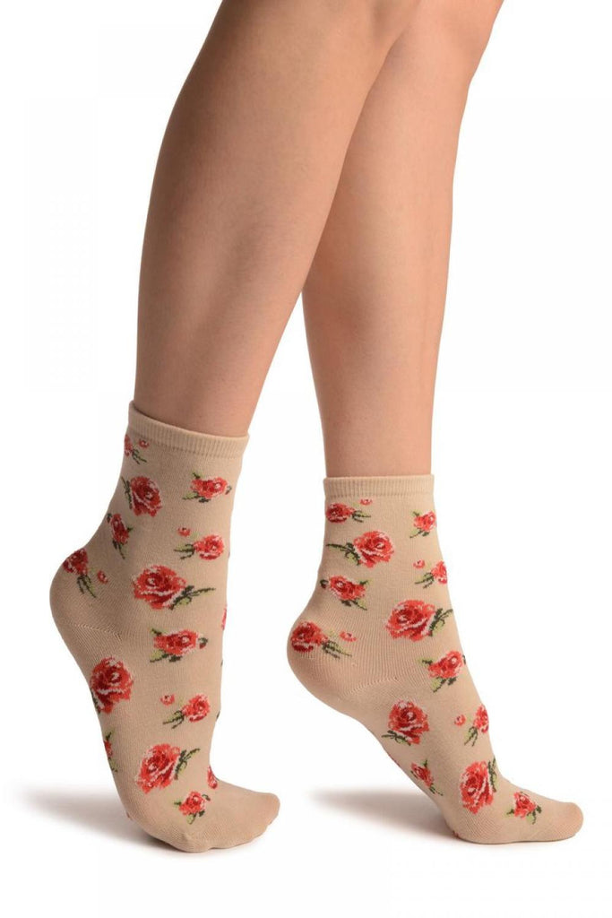 liss kiss Beige With Red Woven Roses Ankle High Socks - Socks
