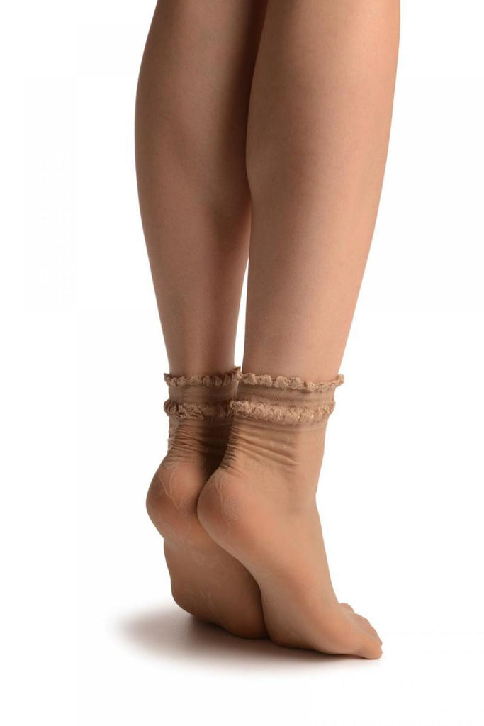Liss Kiss Beige With Roses And Silky Comfort Top Ankle High Socks - Socks