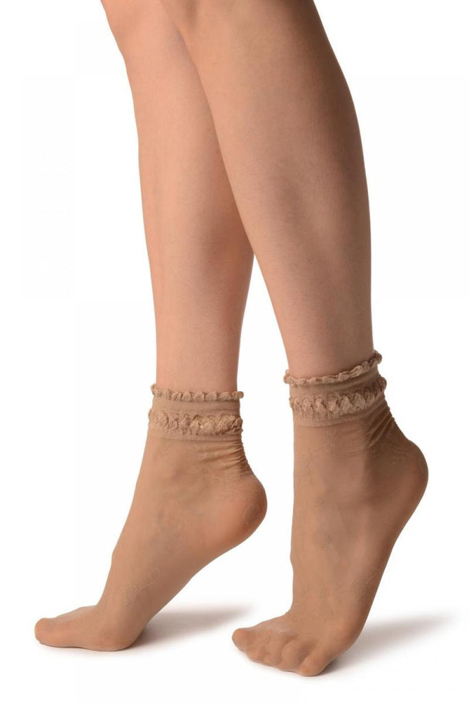 Liss Kiss Beige With Roses And Silky Comfort Top Ankle High Socks - Socks
