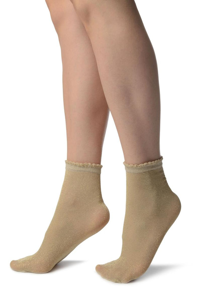 Liss Kiss Beige With Silver Lurex Comfort Top Ankle High Socks - Socks