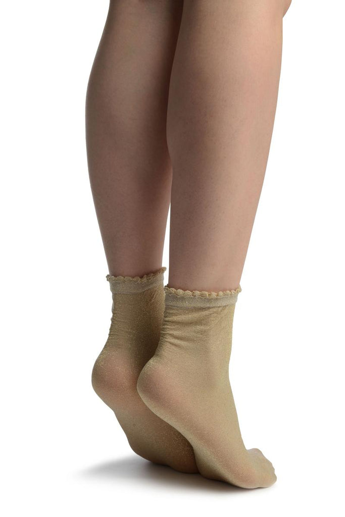 Liss Kiss Beige With Silver Lurex Comfort Top Ankle High Socks - Socks