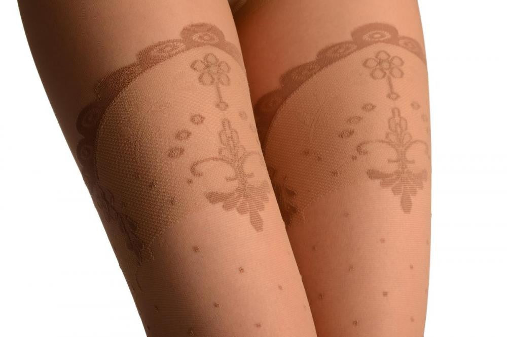 Liss Kiss Beige With Small Dots And Versailles Lace Top & Back Seam - Tights