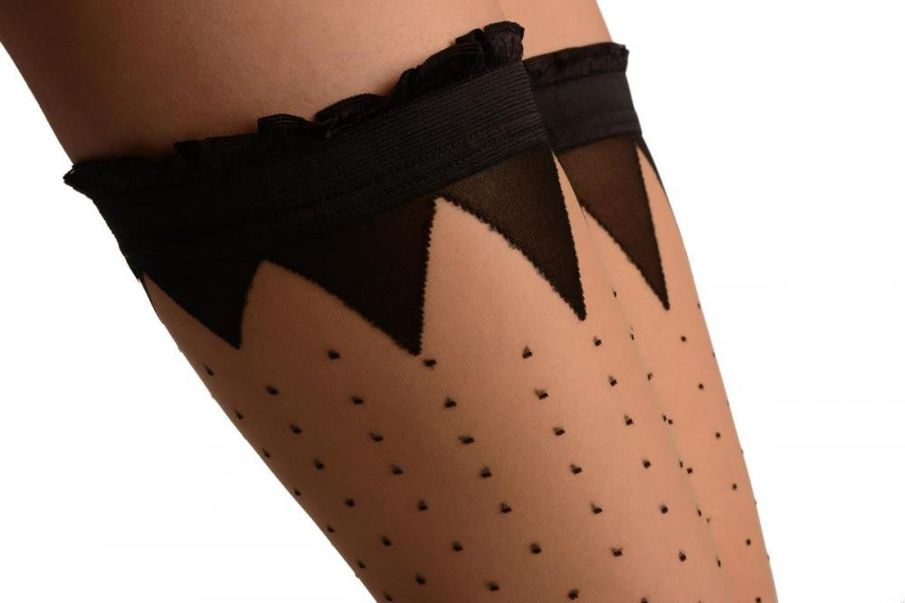 Liss Kiss Beige With Small Dots & Black Crown Silicon Top - Hold Ups