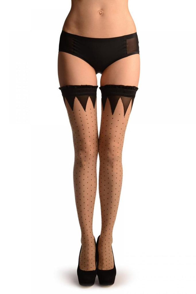 liss kiss Beige With Small Dots & Black Crown Silicon Top - Hold Ups